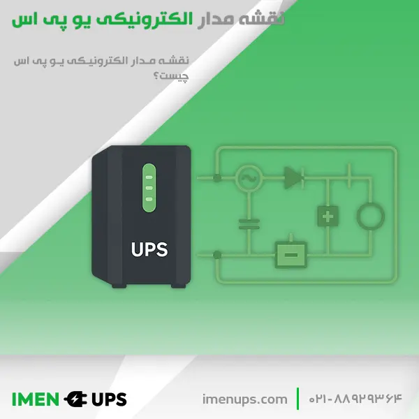 نقشه مدار الکترونیکی یوپی‌اس با نماد دیود، خازن، ترانس و اینورتر